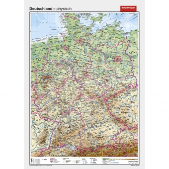 Wandkarte Deutschland, phys.(Vorderseite), stumm (Rückseite), 100x140 cm, 