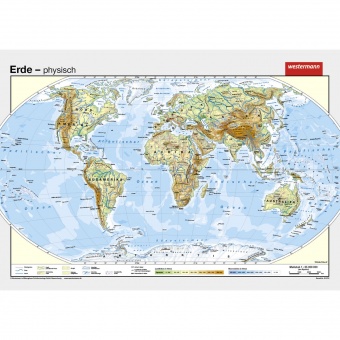 Wandkarte Die Erde, phys.(Vorderseite), stumm (Rückseite),140x100 cm 