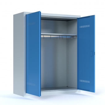 Garderobenschrank aus Stahl, 150 cm hoch, 120x40 cm (B/T), 1 Kleiderstange, 14 Haken Schulbedarf seit 1970