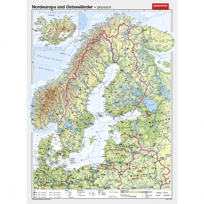 Wandkarte Nordeuropa, phys.(Vorderseite), polit.(Rückseite), 147x205cm, 