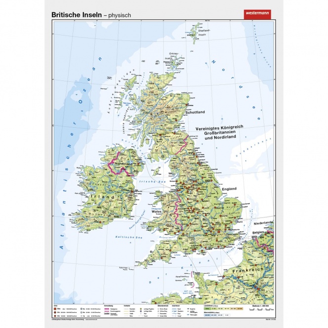 Wandkarte Britische Inseln, phys.(Vorderseite), polit.(Rückseite), 147x205 cm, 