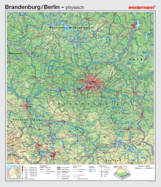 Wandkarte Berlin/ Brandenburg, phys.(Vorderseite), polit.(Rückseite), 147x171 cm, 