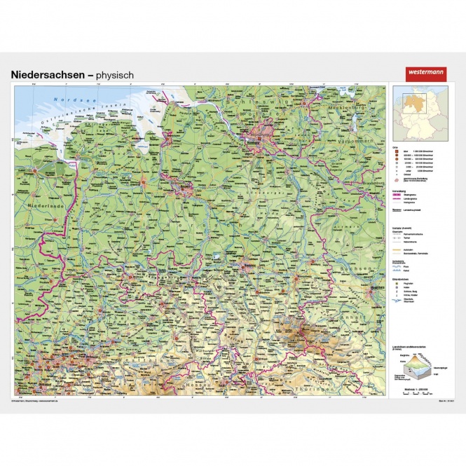 Wandkarte Niedersachsen, phys.(Vorderseite), polit.(Rückseite), 190x147cm 