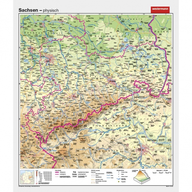 Wandkarte Sachsen, phys.(Vorderseite), polit.(Rückseite), 147x169cm 