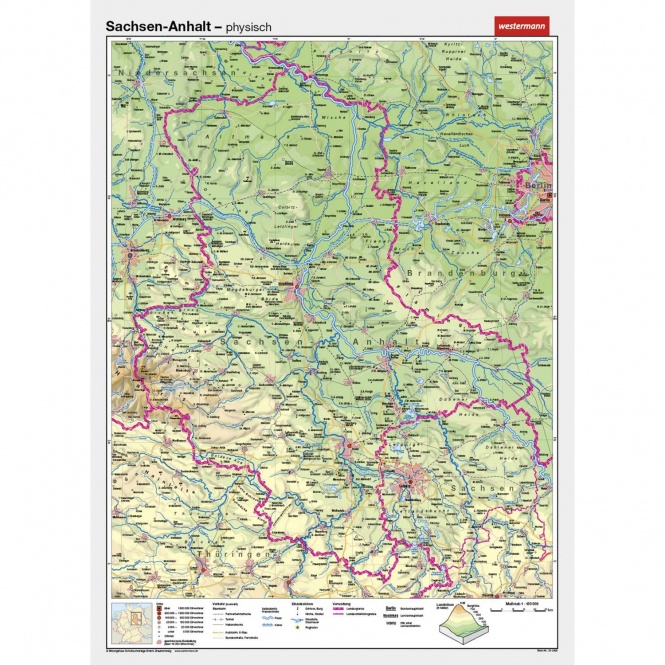 Wandkarte Sachsen-Anhalt, phys.(Vorderseite), polit.(Rückseite), 147x202cm 