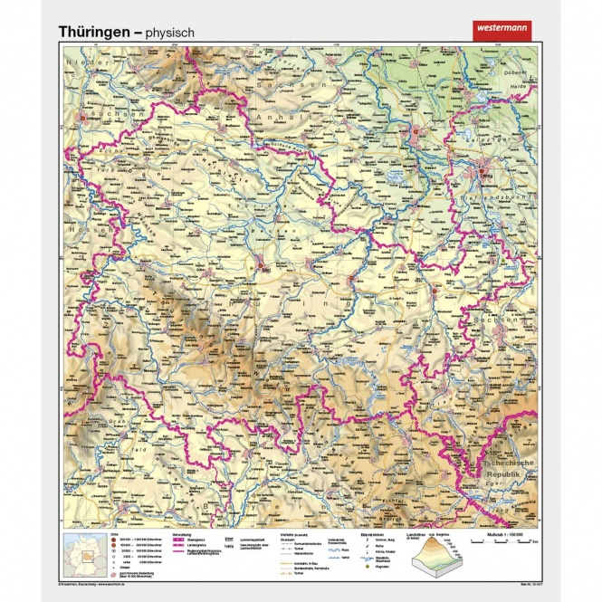 Wandkarte Thüringen, phys.(Vorderseite), polit.(Rückseite), 147x171cm 