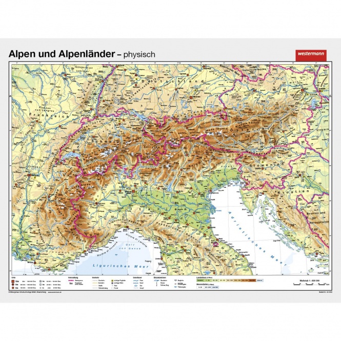 Wandkarte Alpen & Alpenländer,  phys.(Vorderseite), polit.(Rückseite), 181x140 cm 