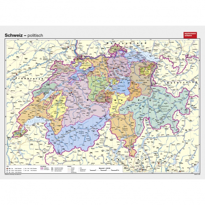 Wandkarte Schweiz, politisch, 193x144cm, 