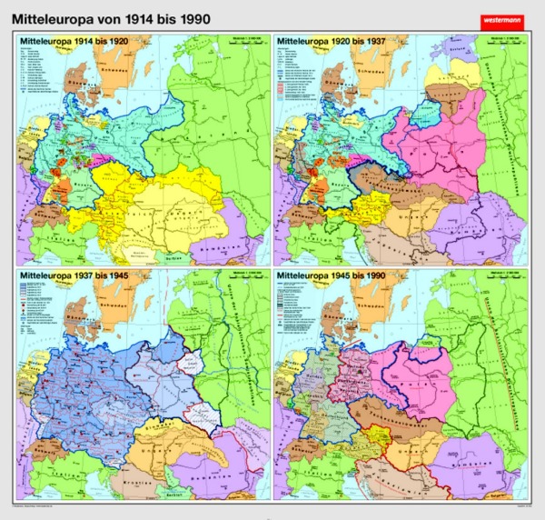 Wandkarte Mitteleuropa von 1914 bis 1990, 210 x 200 cm, 